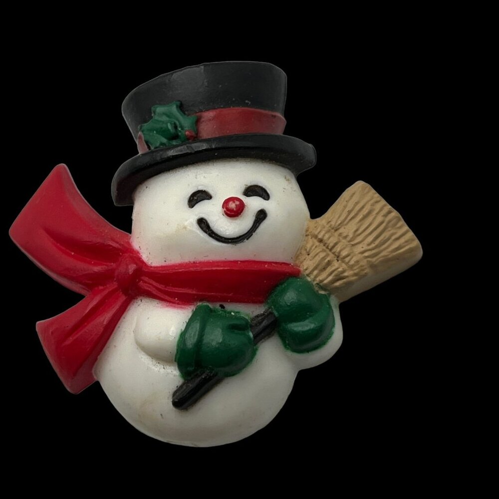 Vintage Hallmark Snowman Brooch‎ 1984 Hat Holly Broom Pin